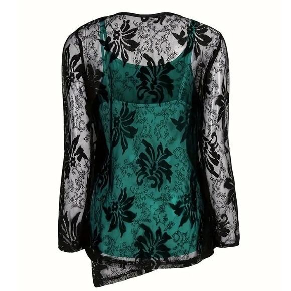 NWT ~ Women's 3 Piece Set ~ Teal Cami Black Lace Cardigan & Pants ~ Plus Size 3X - Picture 4 of 6